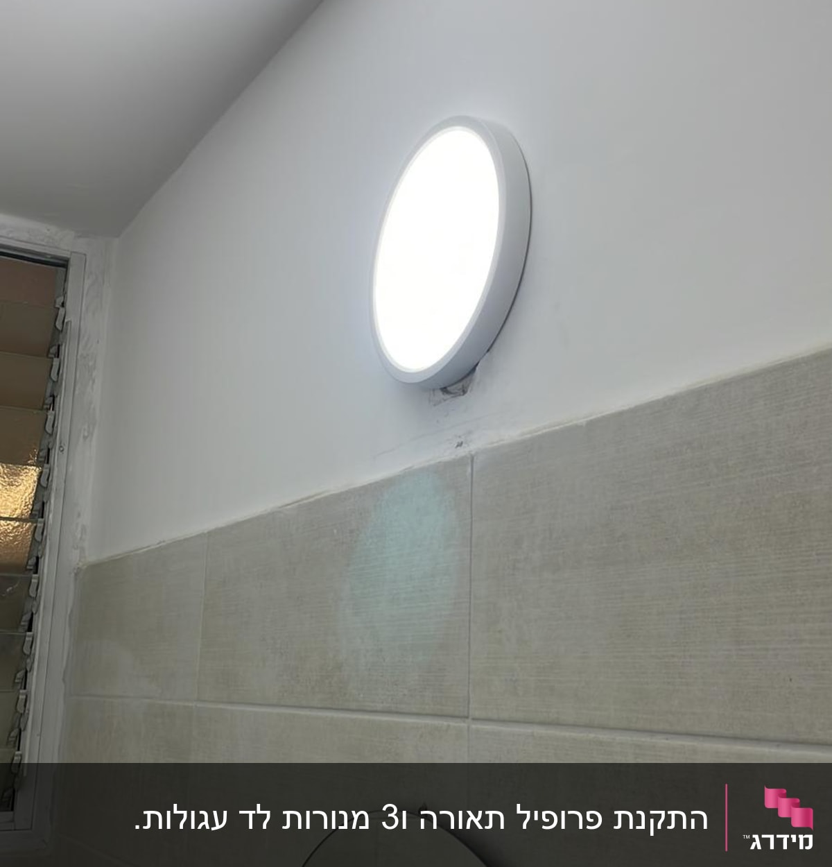 מנורת קיר עגולה דולקת על קיר לבן